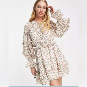 Topshop vintage floral ruffle lattice front mini dress in multi size 8